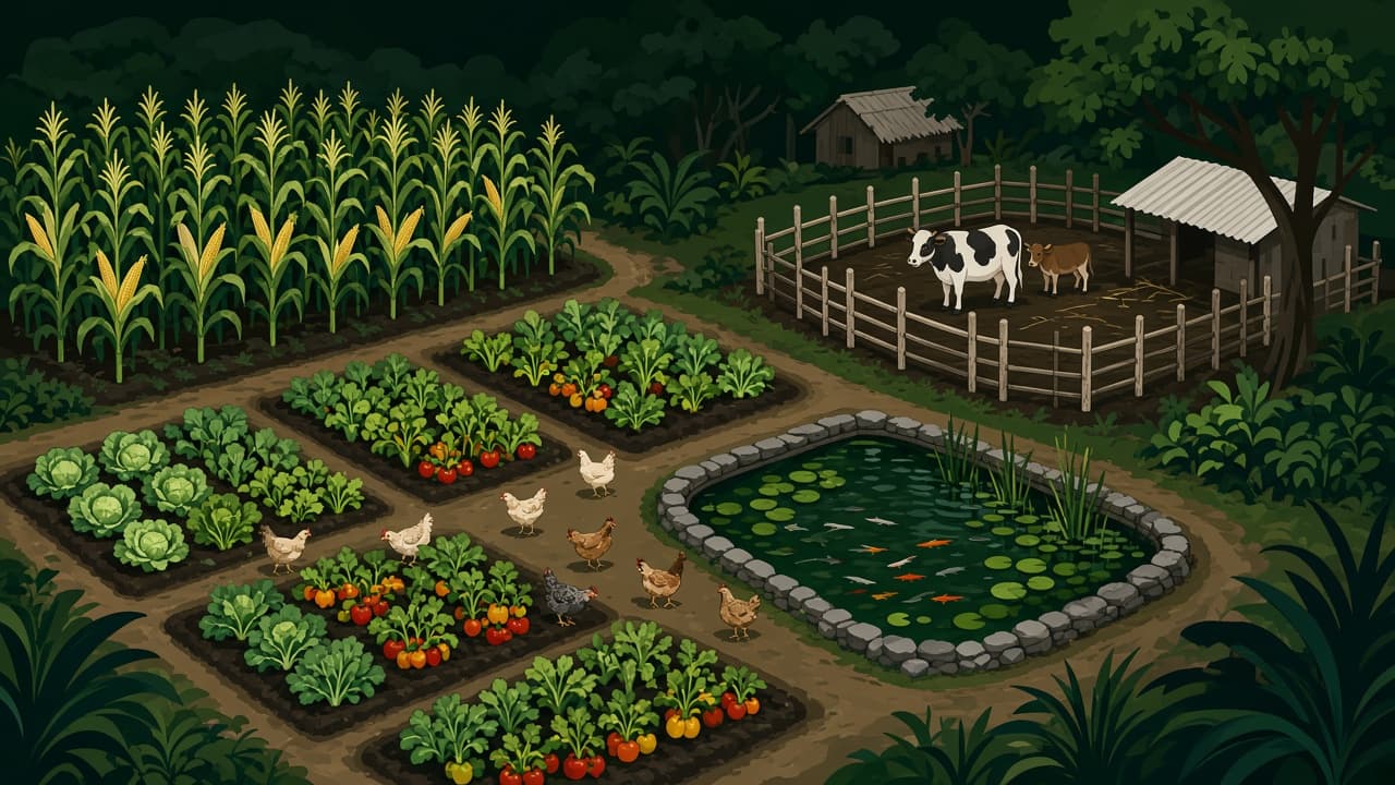 Agricultural produce and livestock illustration
